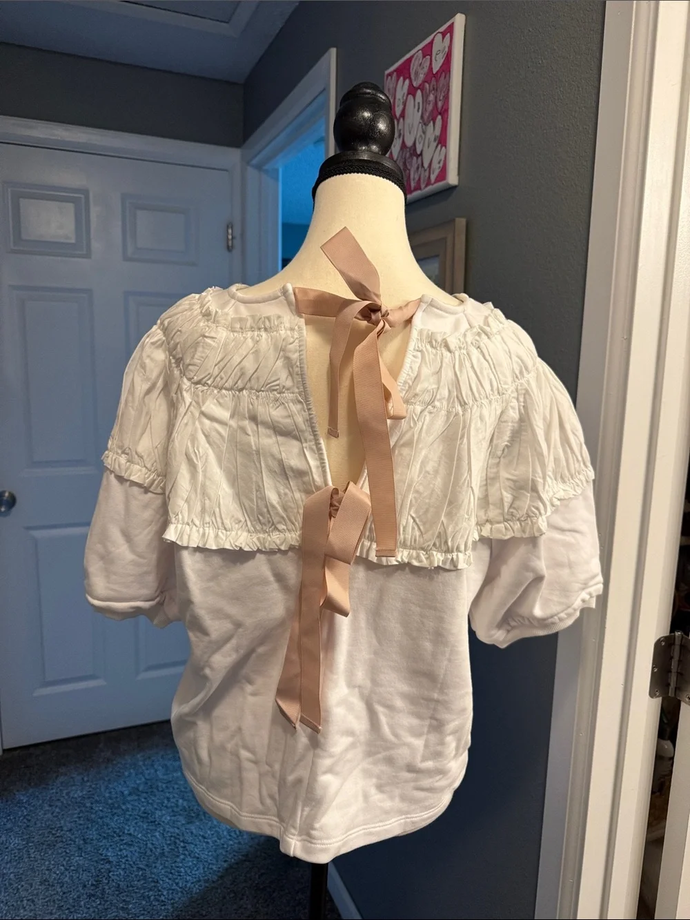 Anthropologie White Ruffled Bib Short-Sleeve Top with Pink Ribbons Back Details